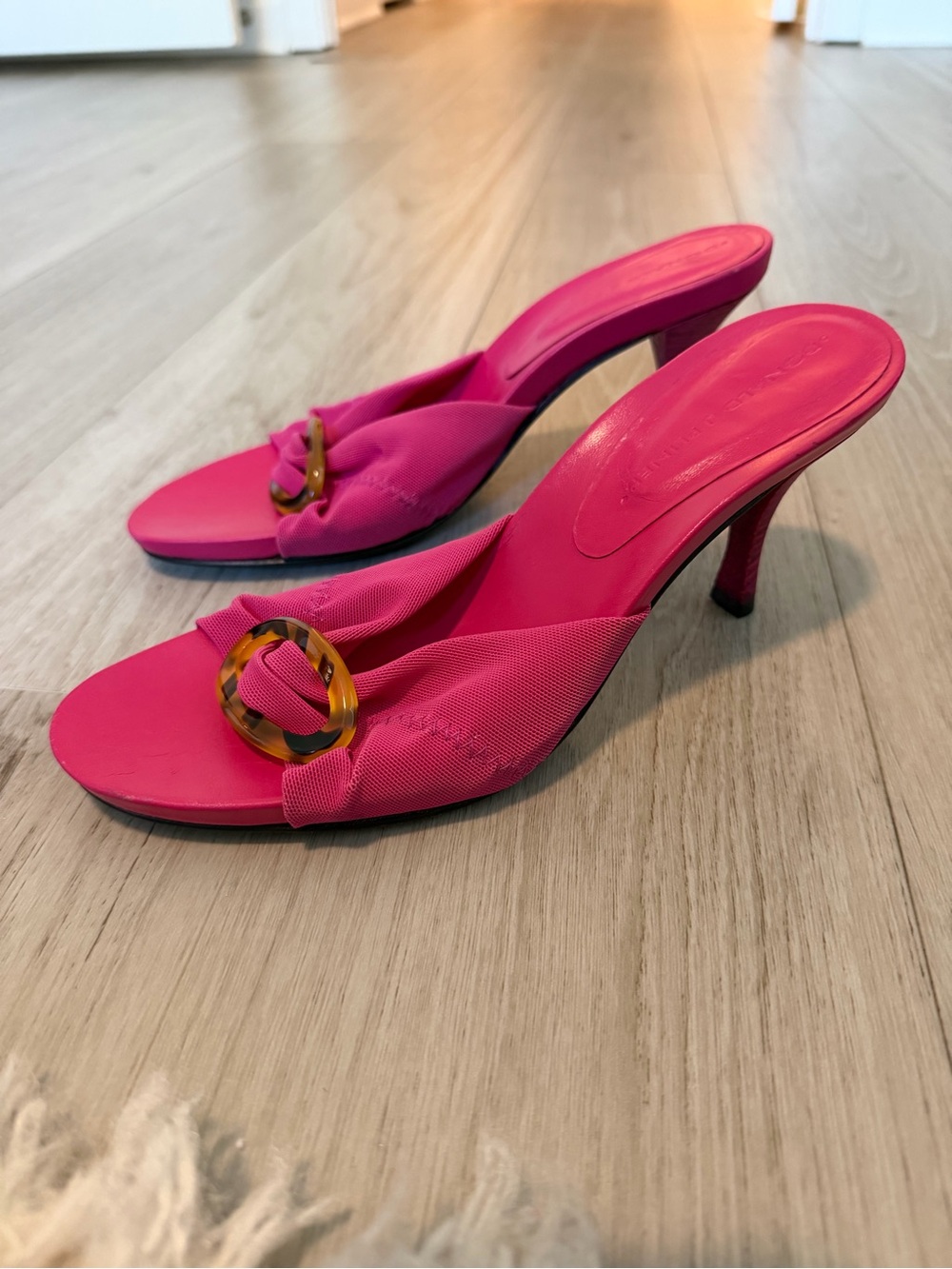 Donald J. Pliner Hot Pink Slide Mules with Tortoiseshell Ring - Picture 3 of 9